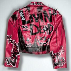 Red Faux Leather Graffiti Jacket Spikes Punk Indie Artist Streetwear OOAK Alt M